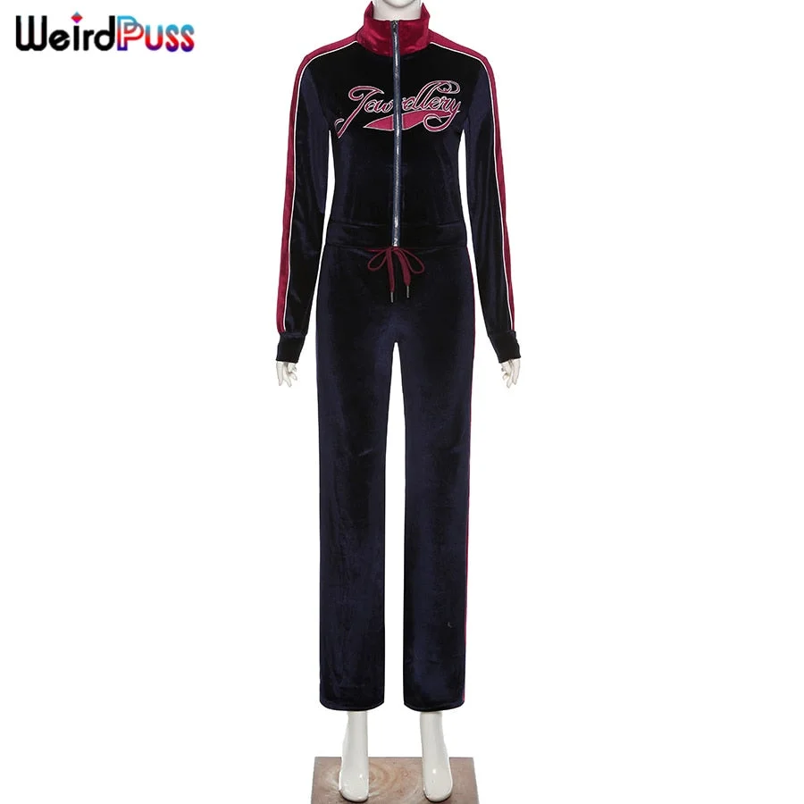 Weird Puss Women Tracksuit Embroidery Letter Velvet 2piece Set Fitness Zip Sweatshirt+Sporty Sweatpants Matching Activity Outfit