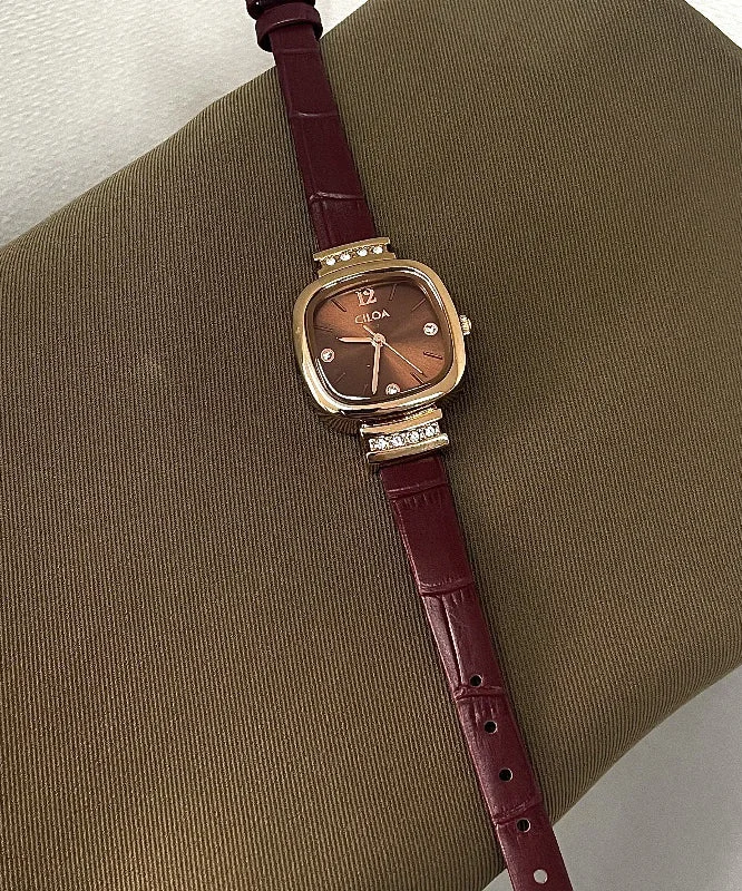 Boutique Dark Red Leather Tempered Glass Quartz Movement Watch