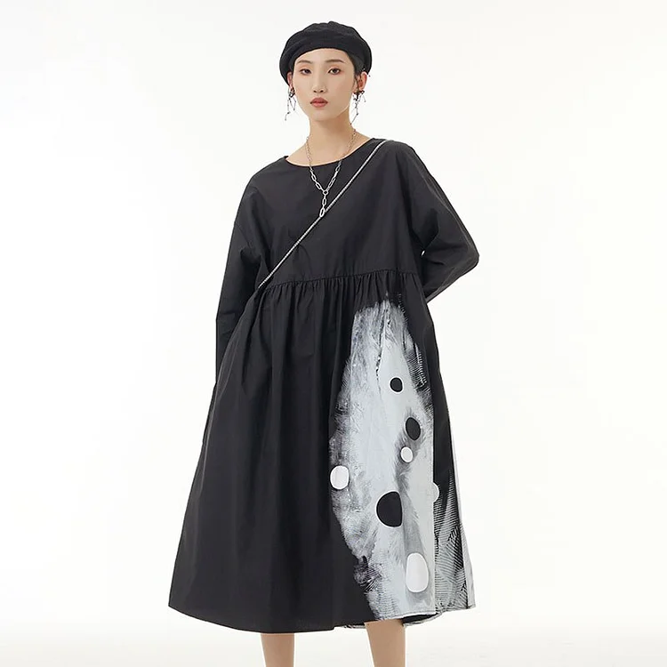 Casual Loose Crewneck Asymmetrical Contrast Color Printed Hem Long Sleeve Dress