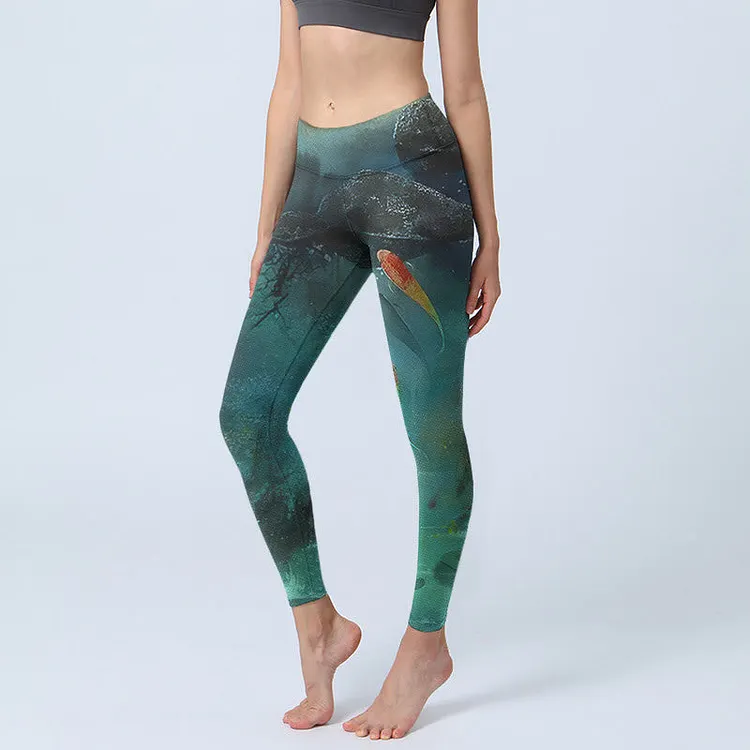 Pond Koi Fish Rocks Print Sports Leggings Women's Yoga Pants