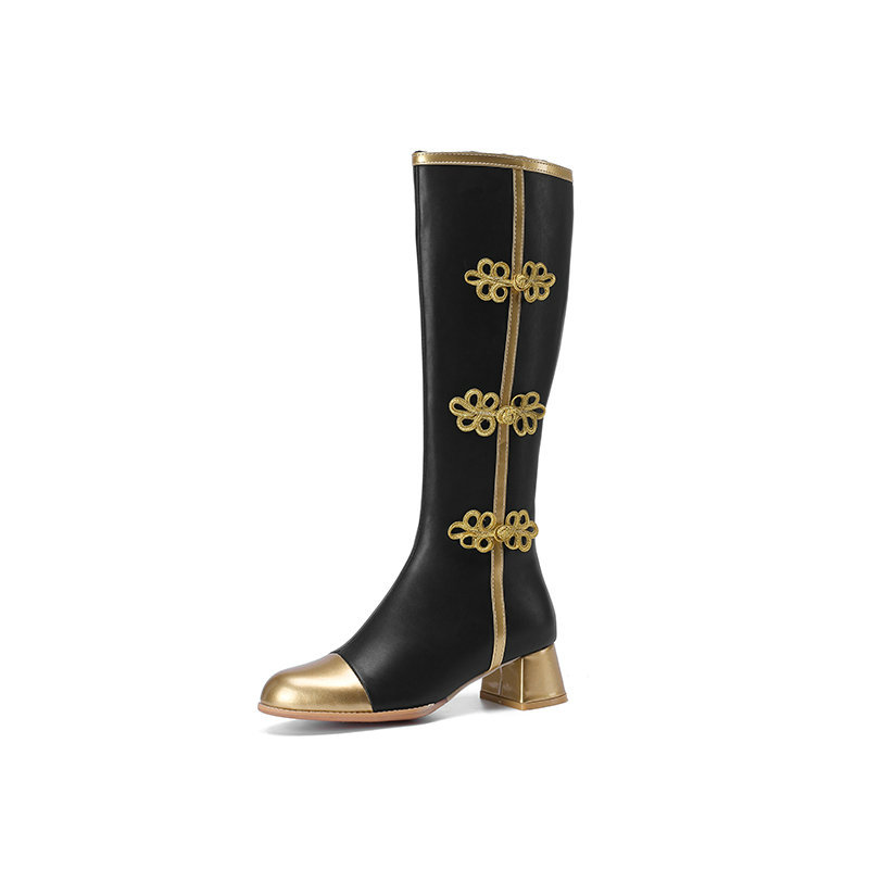 NEW Color Block Buckle Frogs Side Zipper Chunky Heel Knee High Boots