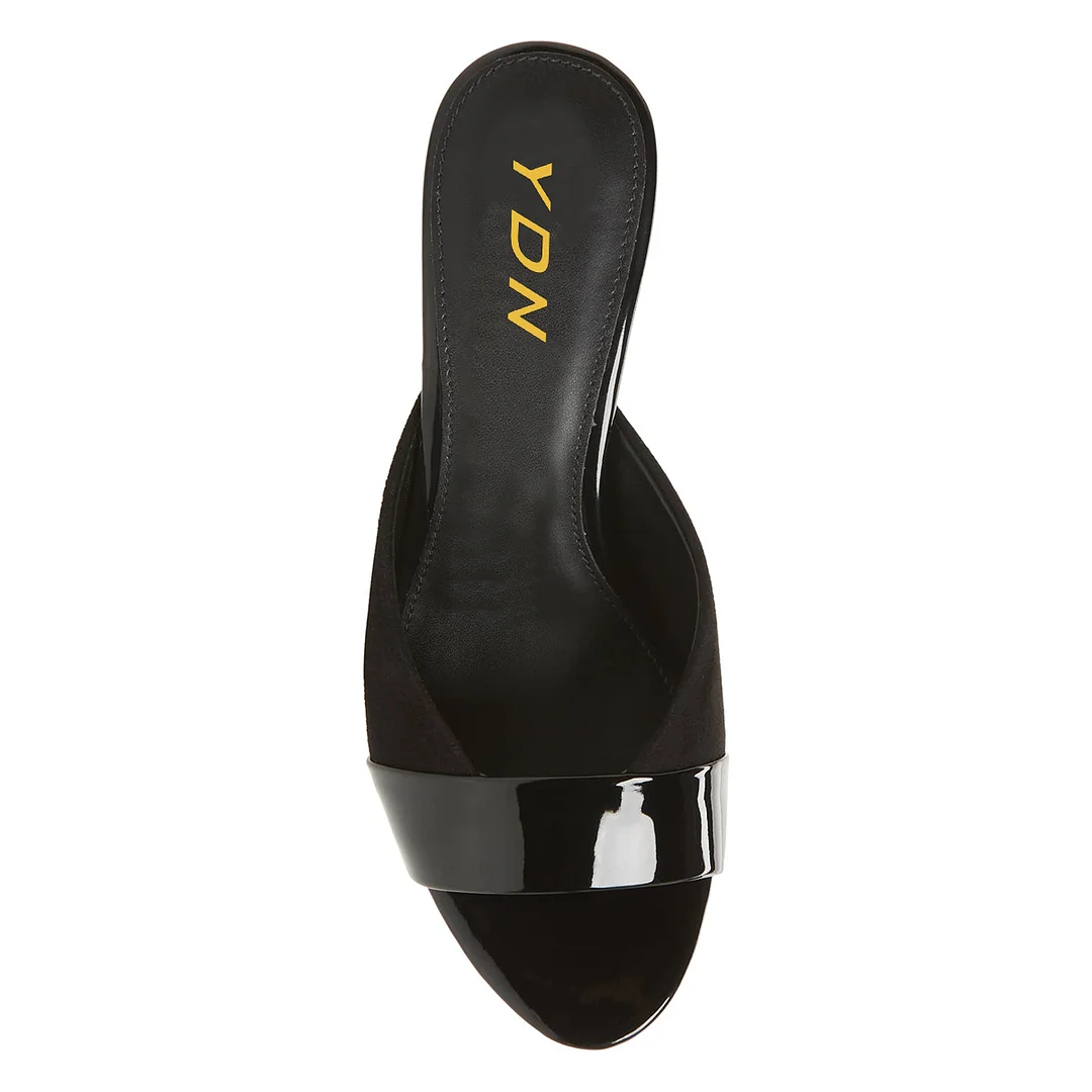 Black Patent Leather Wide Band Mules with Stiletto Heels for Ladies