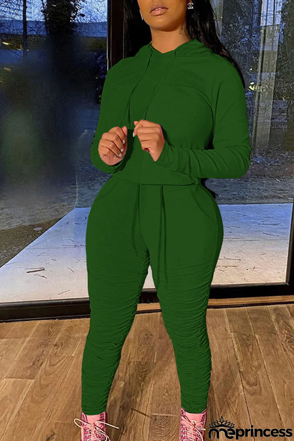 Green Fashion Solid Fold Hooded Collar Long Sleeve Two Pieces