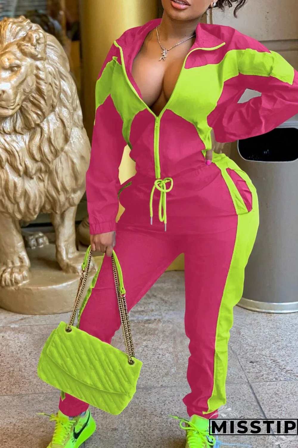 Army Green Casual Solid Patchwork Contrast Zipper Collar Long Sleeve Two Pieces