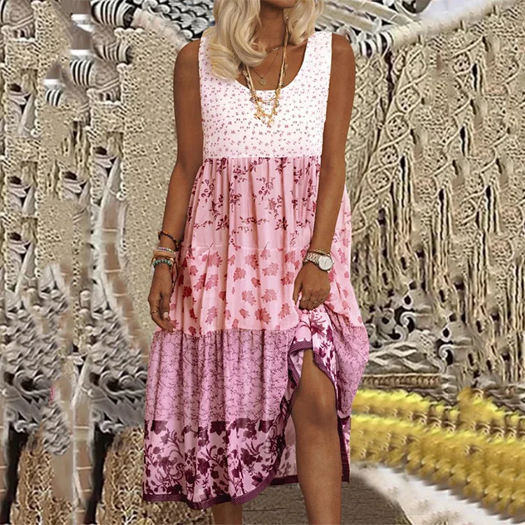 Vintage Floral Print Panel Party Casual O Neck Ruffle Sleeveless A Line Beach Dress