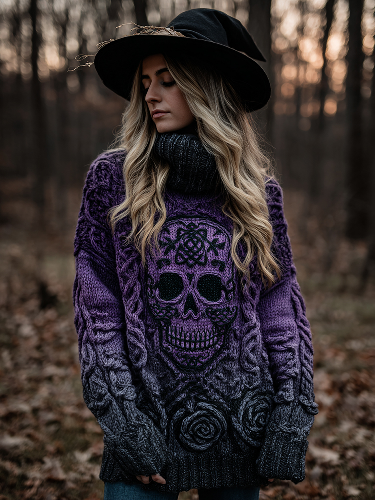 Women's Viking Tribal Jacquard Celtic With Rose And Skull Inspired Chunky Knit Hooded Sweater