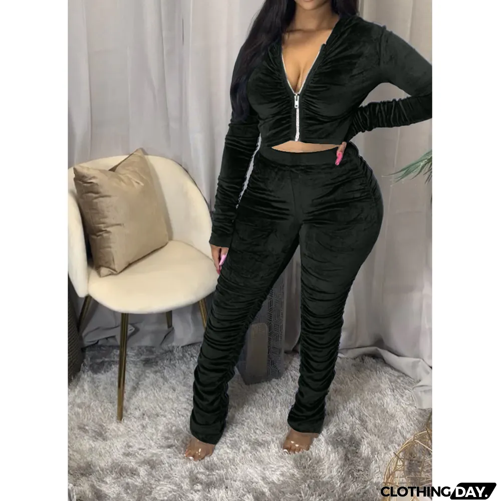 Velvet Pleated Zipper Hooded Jacket Skinny Pants Suit