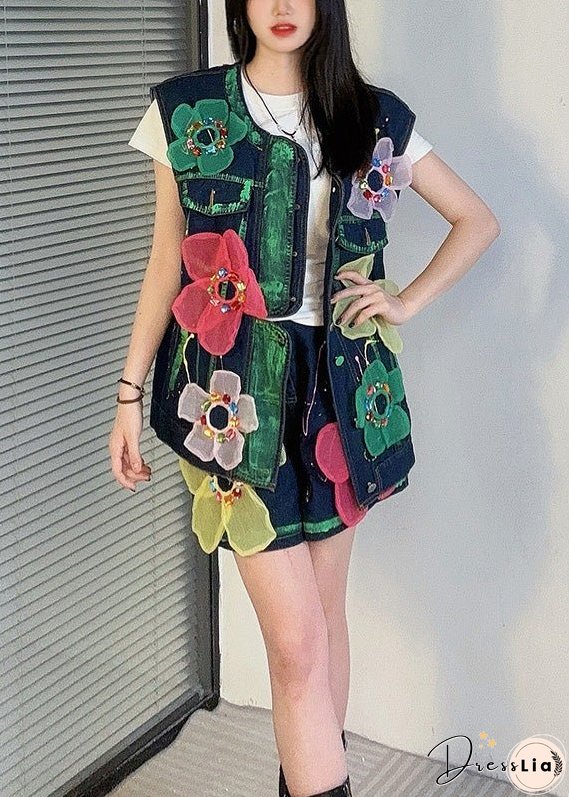 Unique Blue O Neck Zircon Floral Denim Women Sets 2 Pieces Summer
