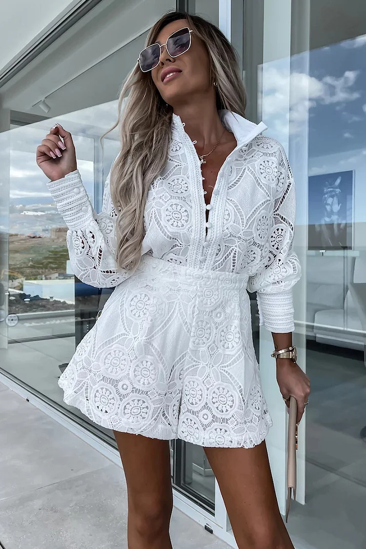 Button Up Long Puffy Sleeve Hollow Out Lace Blouse Elastic Waist Shorts Vacation Matching Set