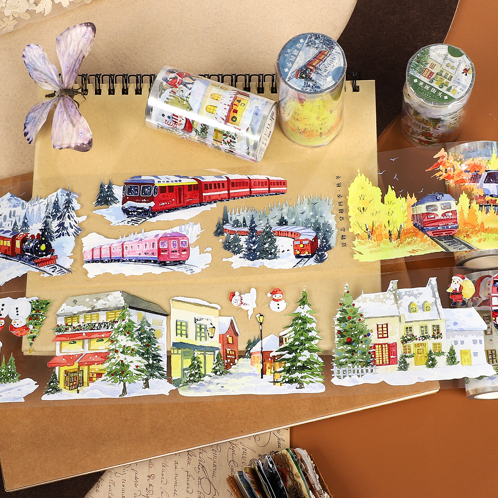 PET 테이프 - 70mm*500cm 빈티지 크리스마스 거리 기차 풍경