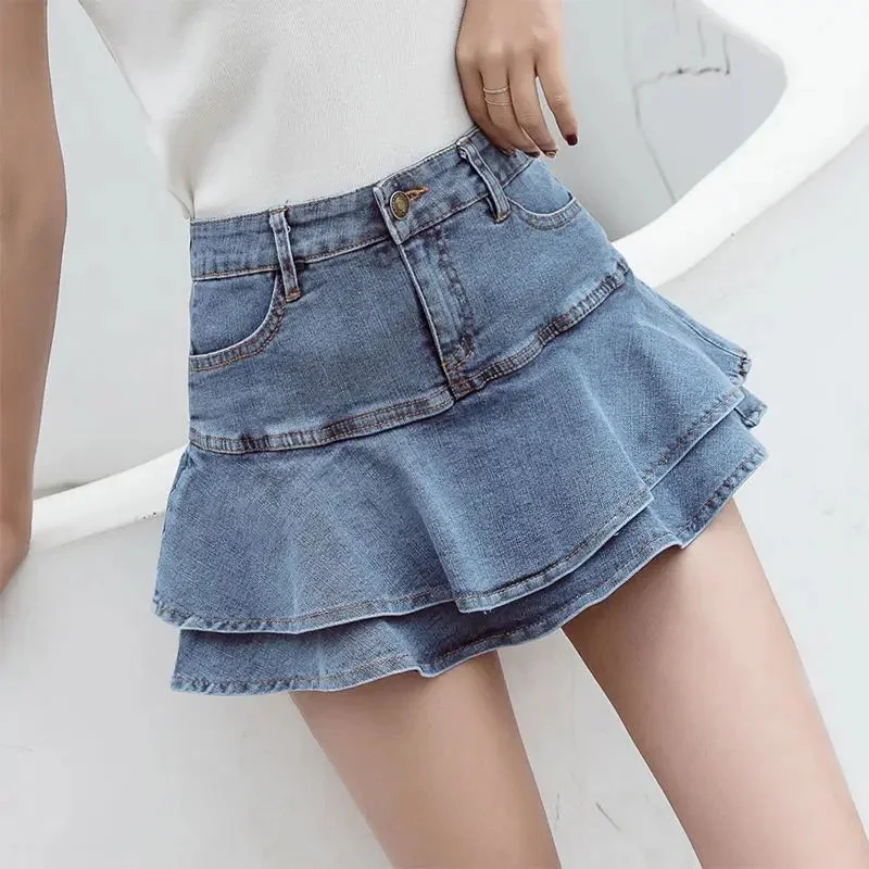 Huibahe Fashion Ruffles Denim Skirts Summer Women Preppy High Waist Lined Jean Mini Skirts Casual Solid Korean Girls Skirts