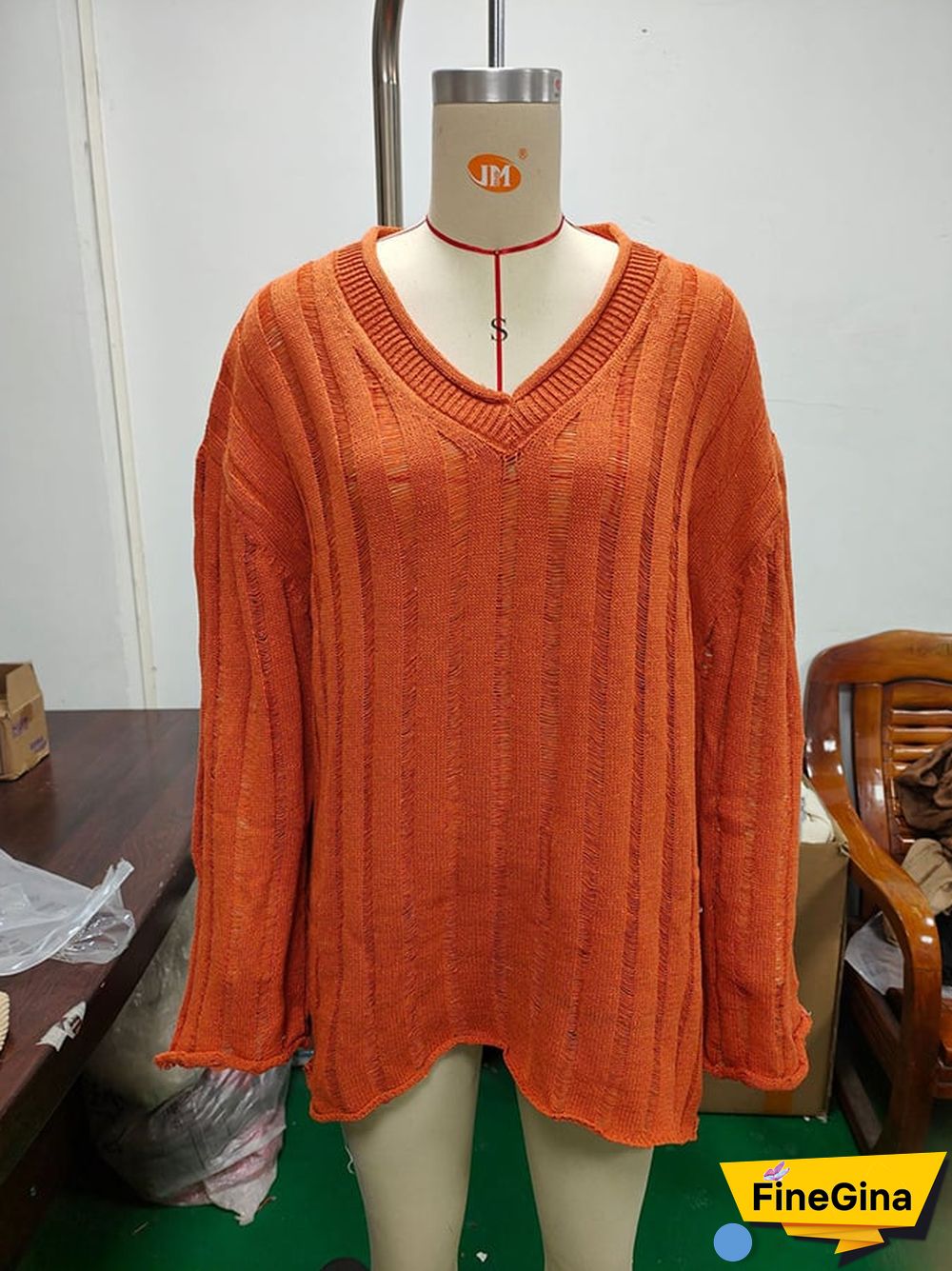 Women's Fashion Slouchy Rib Loose Pullover Rolled Edge V-Neck Sweater