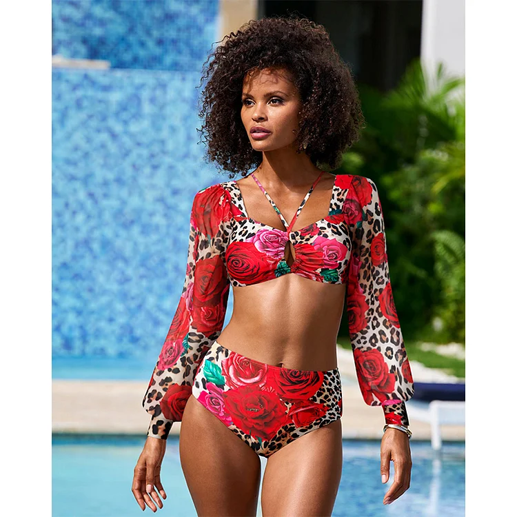 Lace Up Chiffon Long Sleeves Leopard Print High Waist Bikini Swimsuit and Skirt