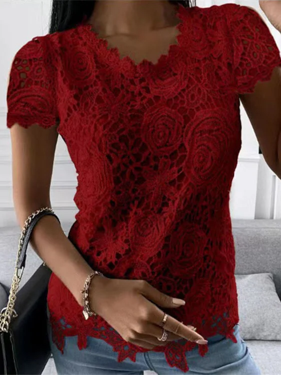 Women Short Sleeve Scoop Neck Solid Color Lace Tops