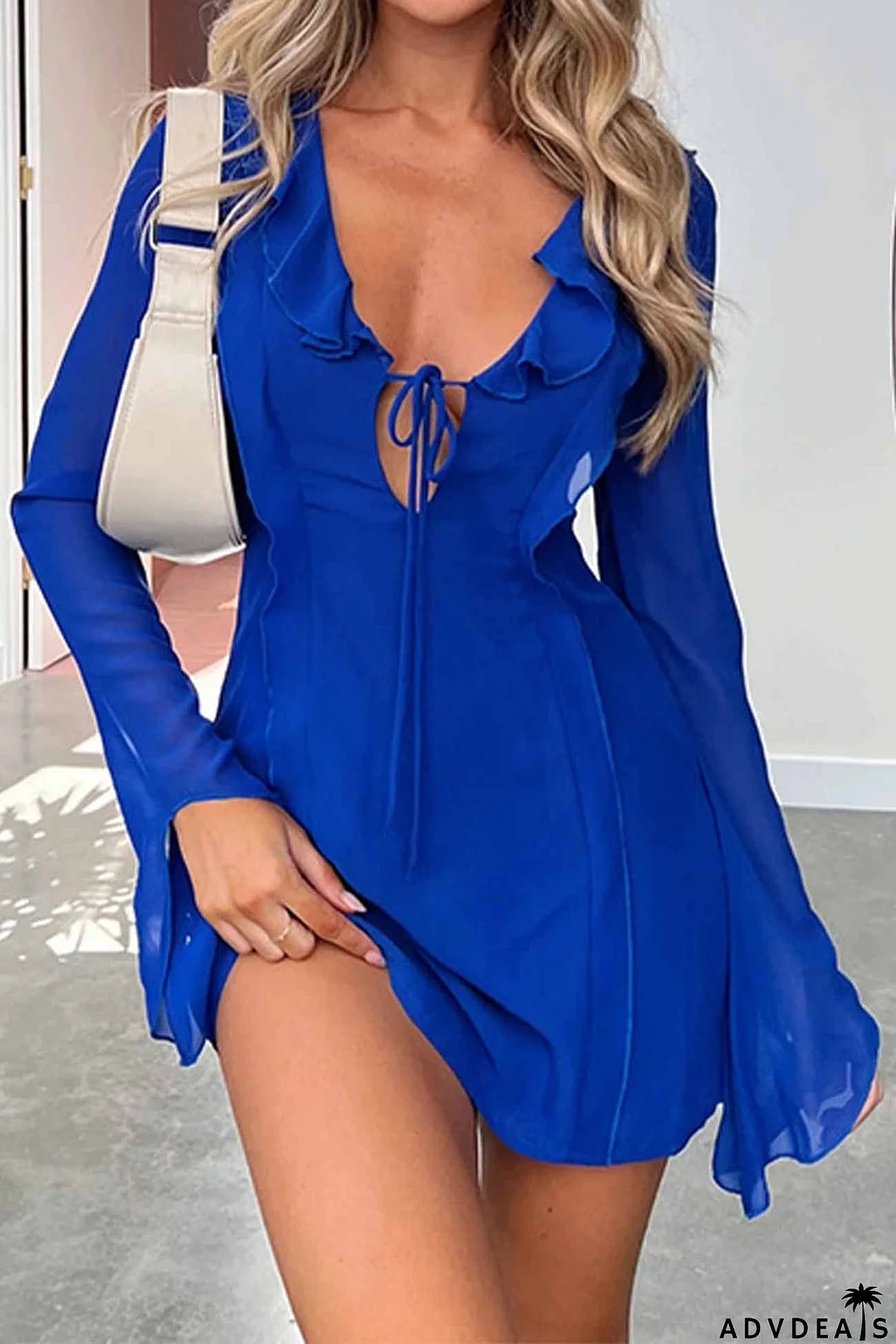 Ruffled Long Sleeved Lace Up Mini Dress