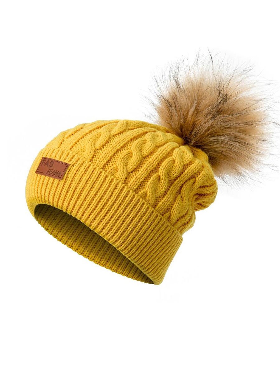 Winter Hat Solid Color Knitted Beanie With Detachable Hairball