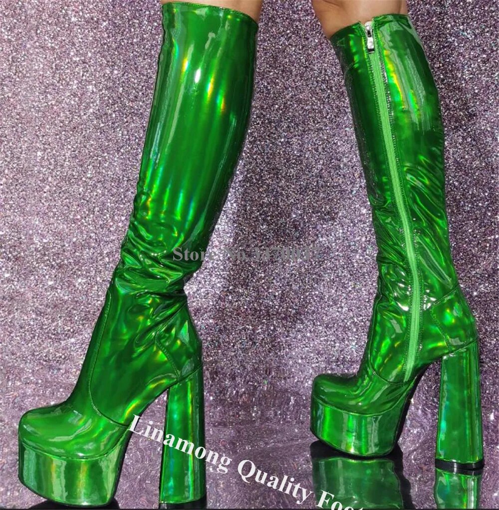 VCSHOES Green Patent Leather Chunky Heel Knee High Boots Round Toe Slim Block Heel Long Boots Big Size Dress Heels