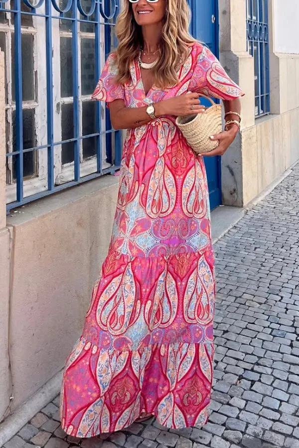 Unique Print V-neck Short-sleeved Elegant Fitted Wst Maxi Dress