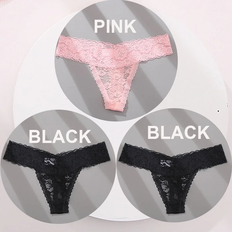 FINETOO 3PCS/Set M-XL G-string Thong Panties for Woman Sexy Lace Floral Underwear Transparent Women's Underpants Female Lingerie