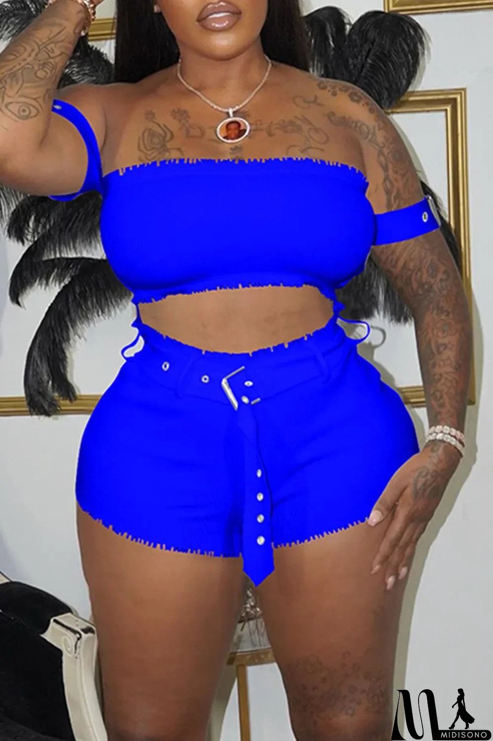 MidiSono - Blue Sexy Solid Split Joint Off the Shoulder Short Sleeve Two Pieces
