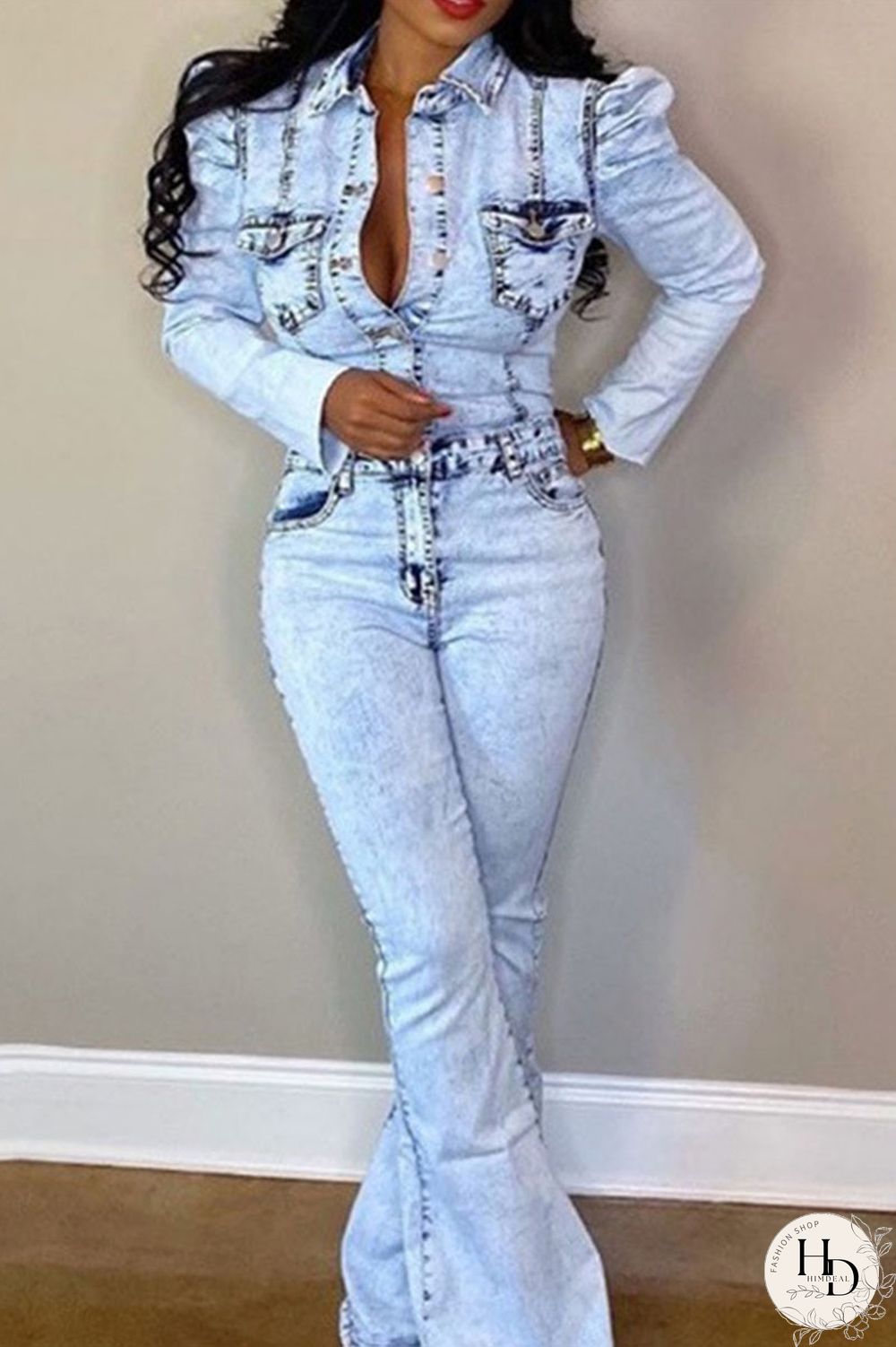 Dark Blue Sexy Denim Solid Buttons Turndown Collar Plus Size