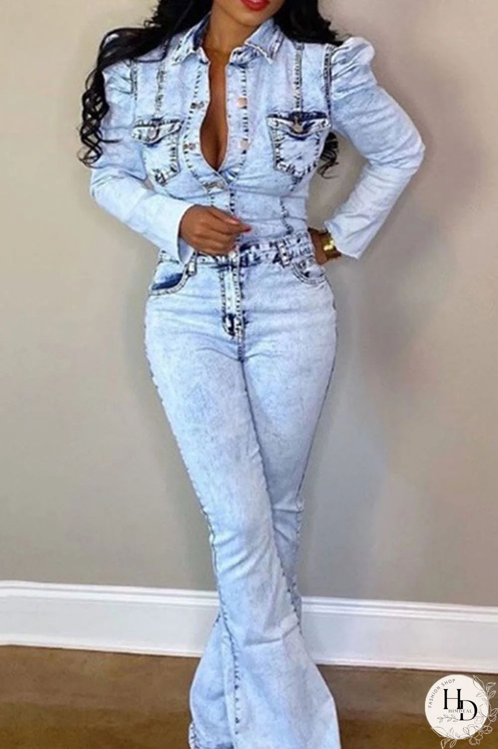 Baby Blue Sexy Denim Solid Buttons Turndown Collar Plus Size