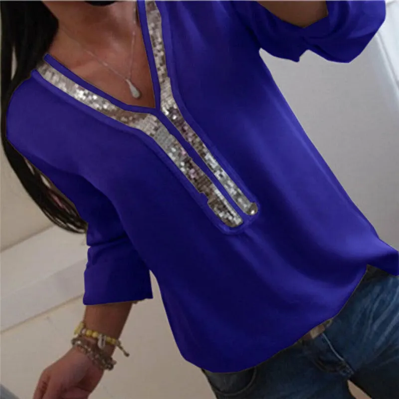 Women Blouse Plus Size V Neck Blouse Casual Loose Sequin Ladies Tops Women Shirt Top Long Sleeve Blouses Womens Tops And Blouses