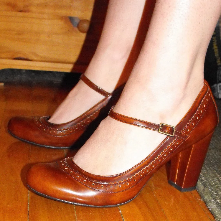 Tan Block Heel Hollow Out Mary Jane Pumps Vdcoo