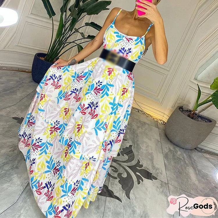 Elegant Casual Hem Spaghetti Strap Party Dress Sexy Off Shoulder Low O Neck Long Dress Summer Ruffle Floral Print Loose Dresses