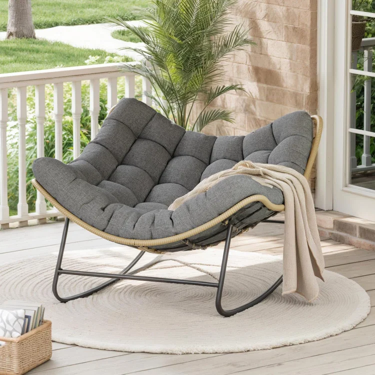 Outdoor Papasan Rocking Chair, Wicker Papasan Lounge Chair with Thickened Water-Resistant Cushion & Anti-Slip Bar, for Porch, Balcony, Patio or Indoor