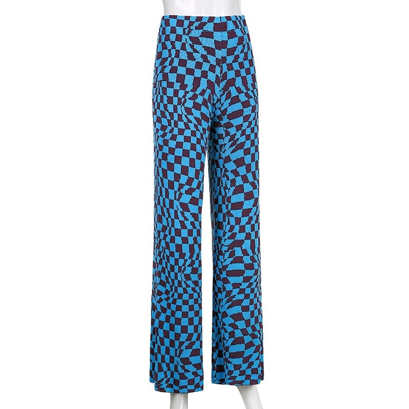 Sweetown Vintage Knit New Girl Wide Leg Pants Checker Plaid Print 2000s Aesthetic Joggers Women High Waist Trousers Harajuku