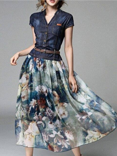 Denim Dress Long Women's Casual Chiffon Patchwork Floral Print Summer New Female Maxi Dresses With Belt Japan Fashion Style