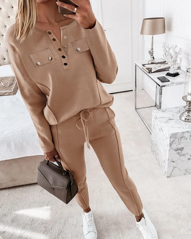 Buttoned Pocket Design Top & Drawstring Pants Set P6430158599