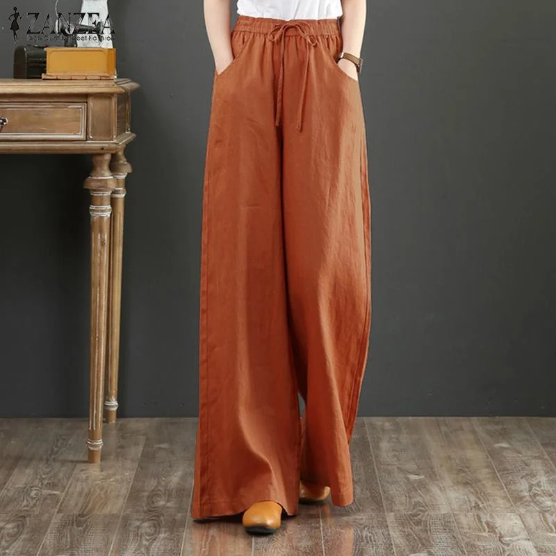 Vintage Summer Long Trousers Women Wide Leg Pants ZANZEA Casual Loose Pantalon High Waist Oversized Solid Harem Palazzo Turnip