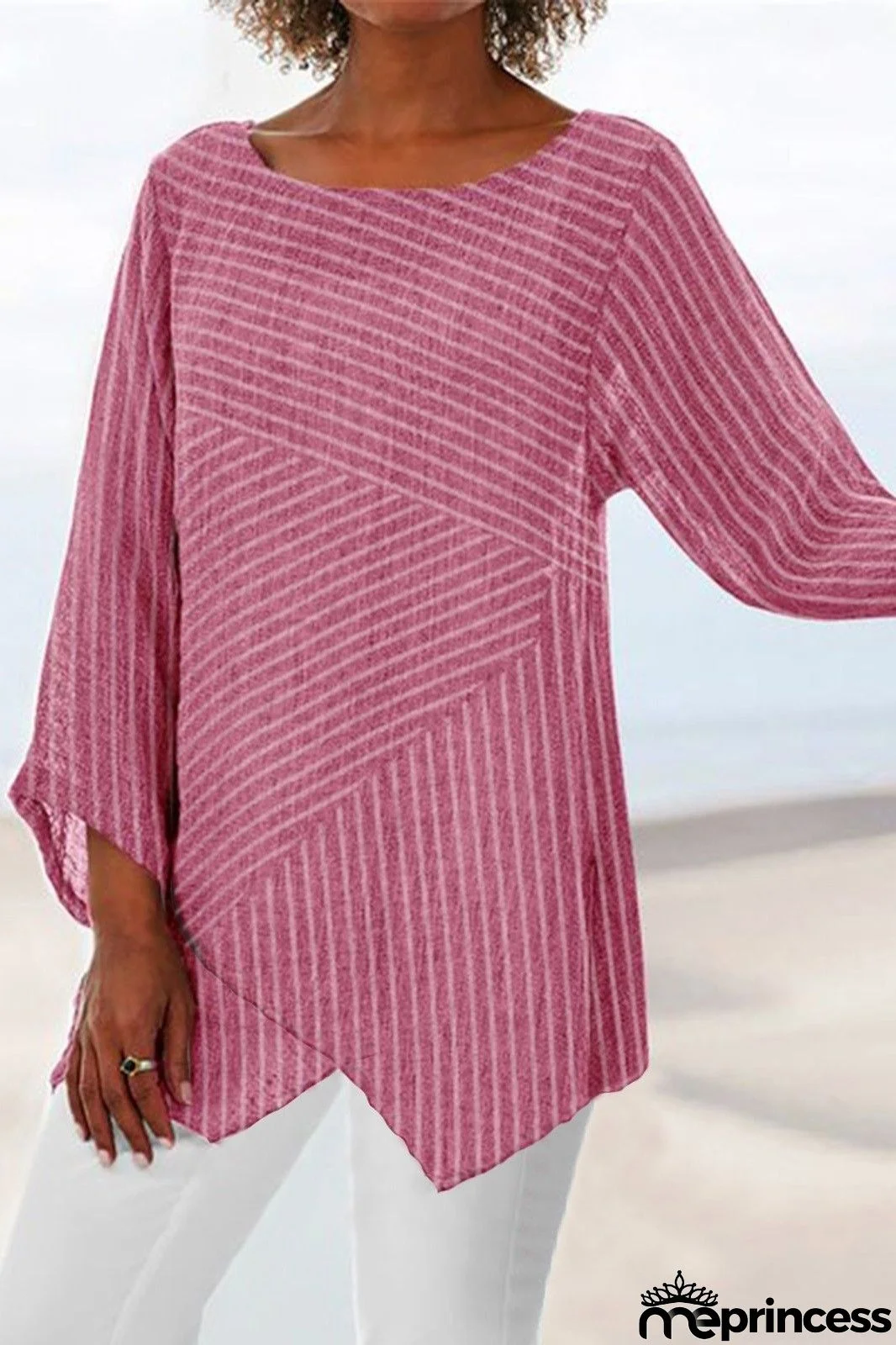 Stripe Print Crew Neck Long Sleeves Blouse