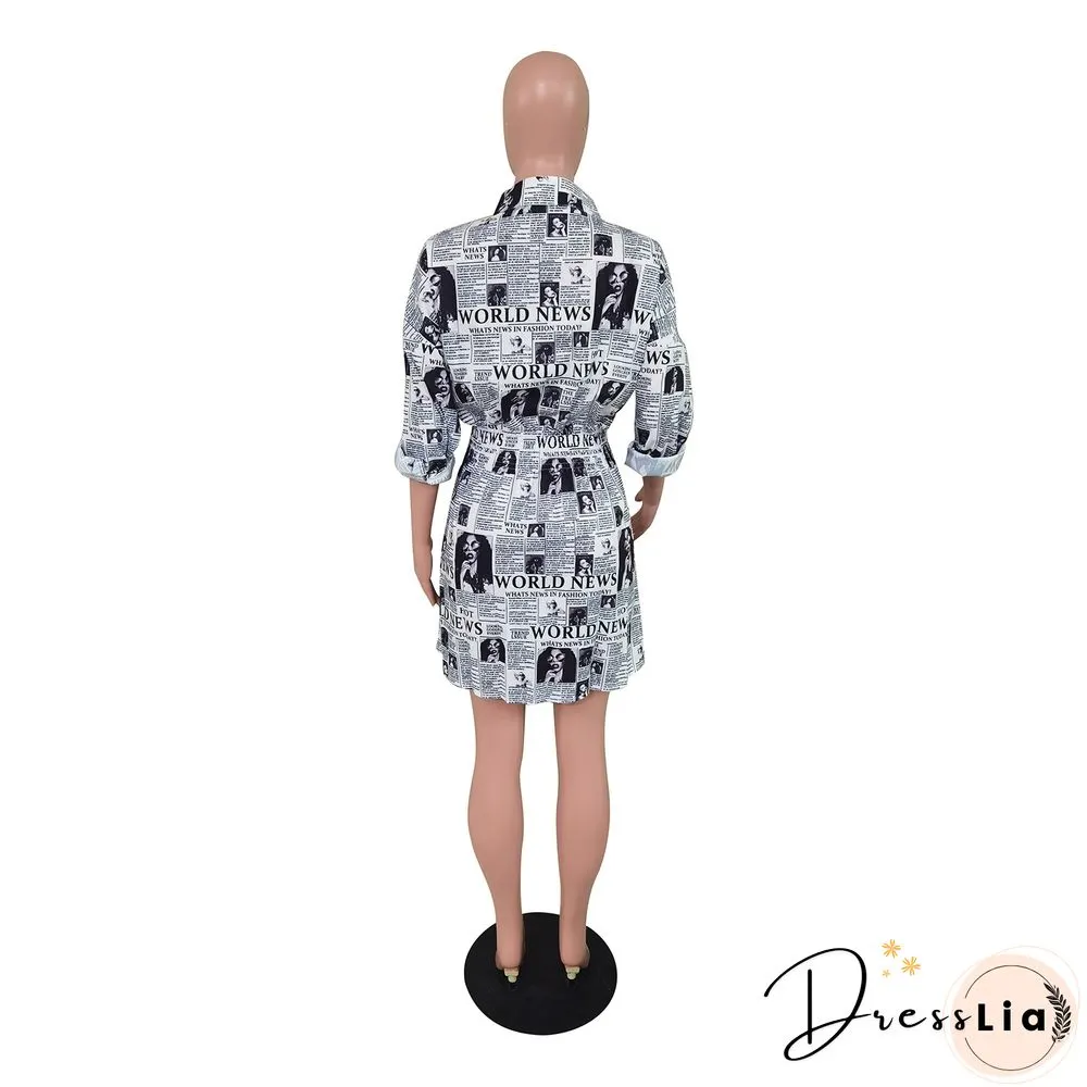 Fashion Newspaper Print Long Sleeve Women Turn Down Collar Button Up Streetwear Shirt Midi Dress