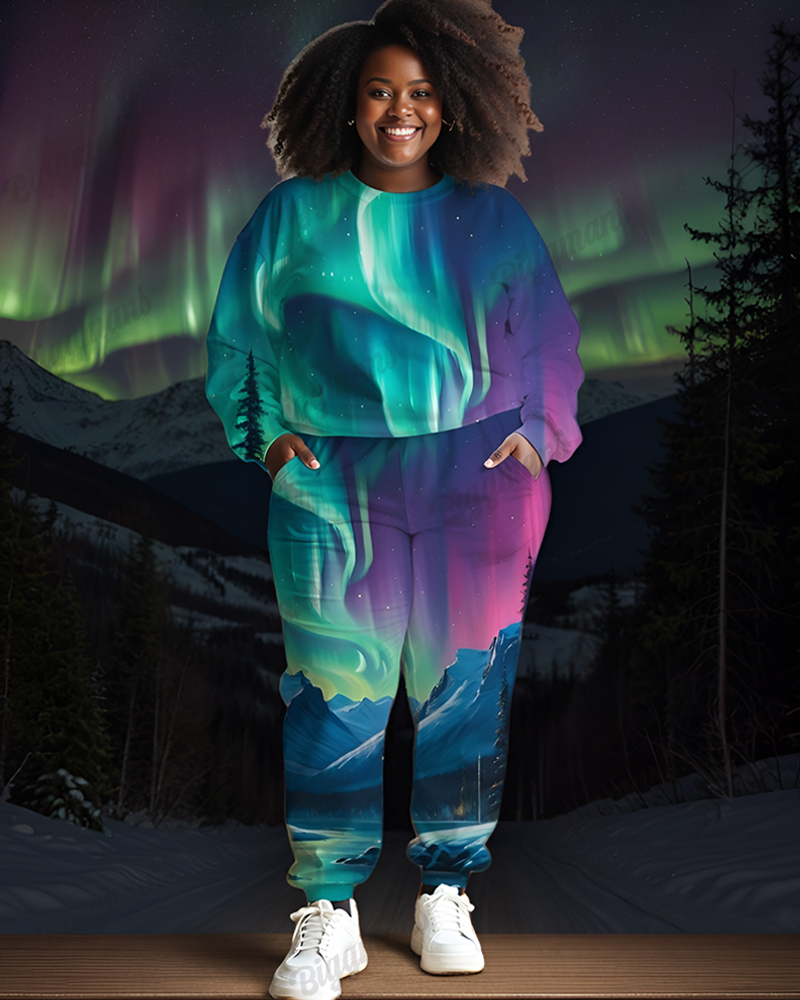 Women  Plus Size aurora borealis northern lights forecast Print Sweatshirt Pants Suit