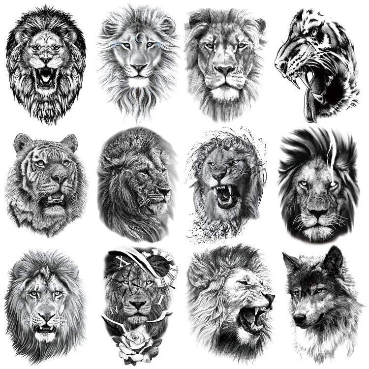 12 Sheets Black Fierce Tiger Lion Wolf Temporary Tattoos 