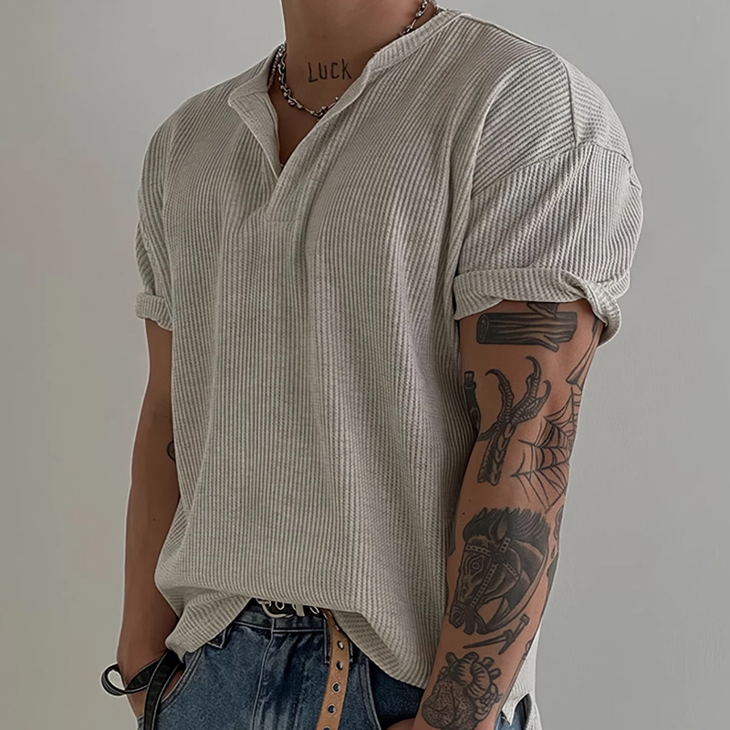 Men's Henley Neck Waffle Short Sleeve T-Shirt