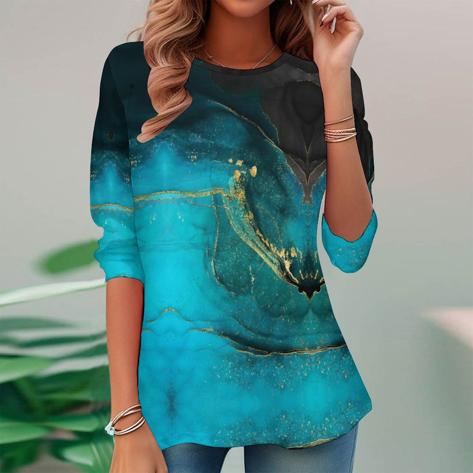 Women Long Sleeve V-neck Graphic Floral Printed Top