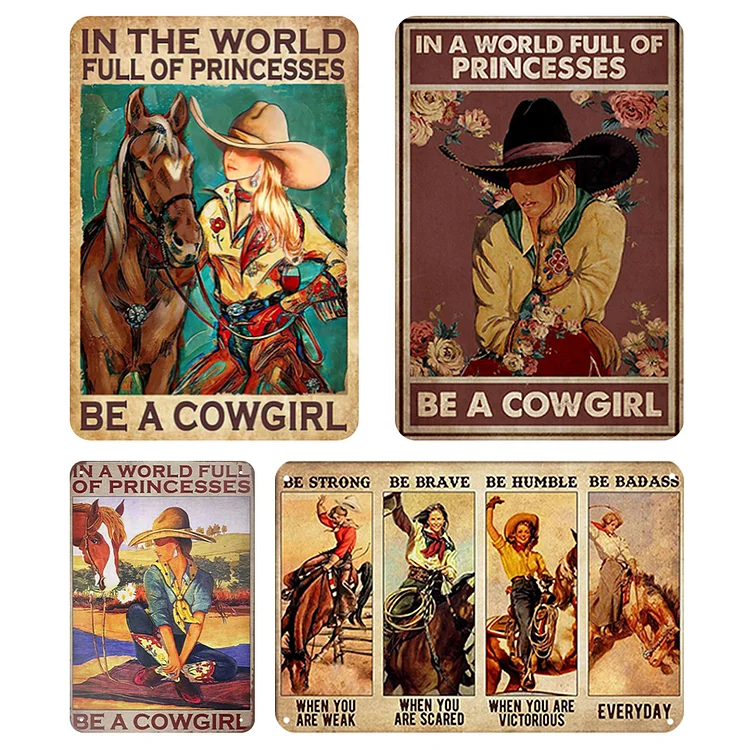 4Pcs Western Cowgirl Vintage Metal Plate Rectangular Iron Painting Kit 20x30cm-Annaletters