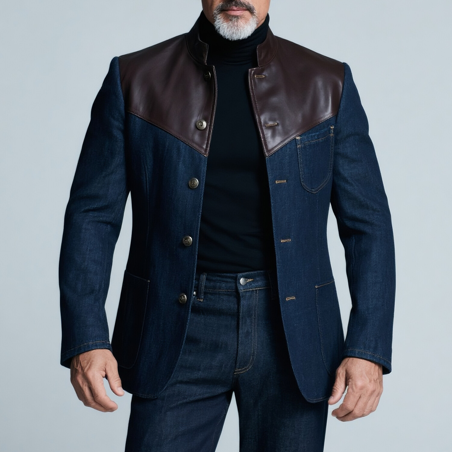 Men's PU Patchwork Stand-Up Collar Long Sleeve Button Patch Pockets Denim Jacket