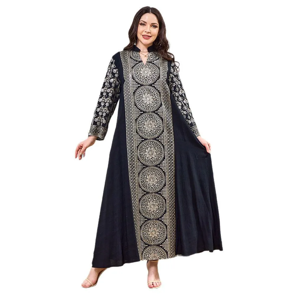 Women Stand Collar Geometric Sequin Embroidered Flare Sleeve Modest Maxi Dress