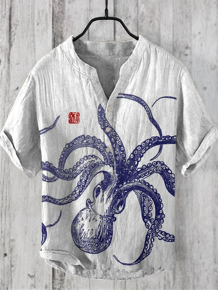 Vintage Octopus Tentacle Men's Linen V-Neck Shirt