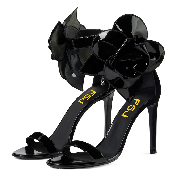 Black Patent Leather Flower Embellished Ankle Strap Evening Shoes |FSJ Shoes