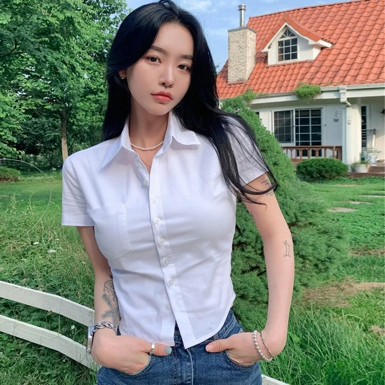 Brownm Brownm Summer Pure Desire To Collect Waist Sexy Hot Girl Shirt Short Sleeve Chic Top White Short Style Slim Shirt Female Tide