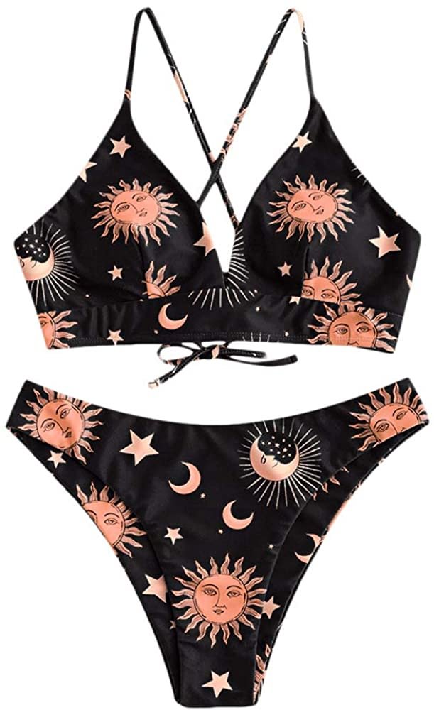 Star Sun Moon Print Bathing Suits for Women Back Criss Cross Lace-up Triangle Bikini