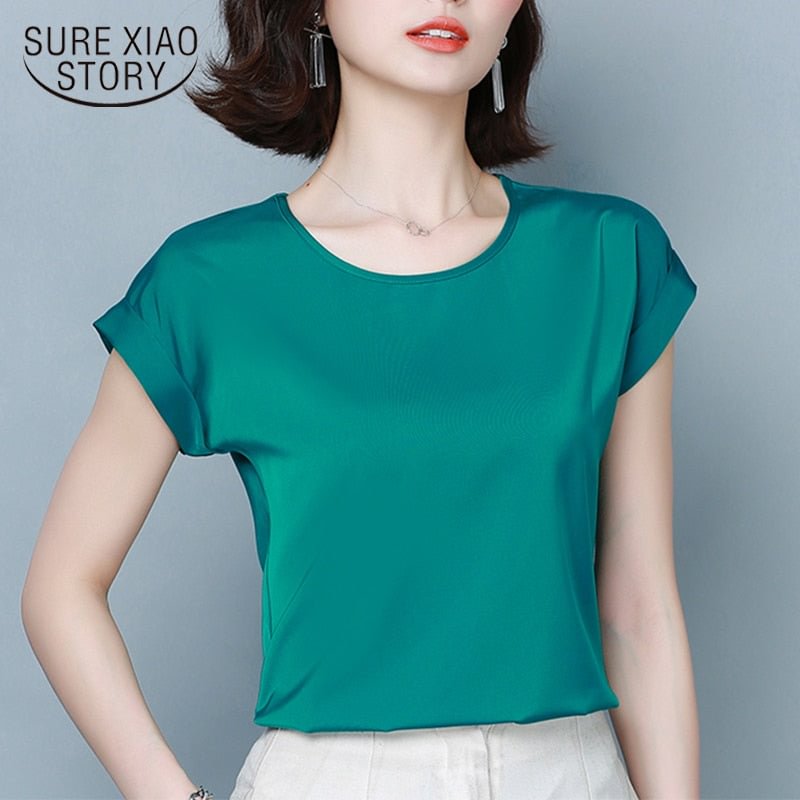 Summer Women Blouse 2022 New Simple Solid Silk Shirts Elegant Women Loose Round Collar Short Sleeve Womens Clothing 9227 50