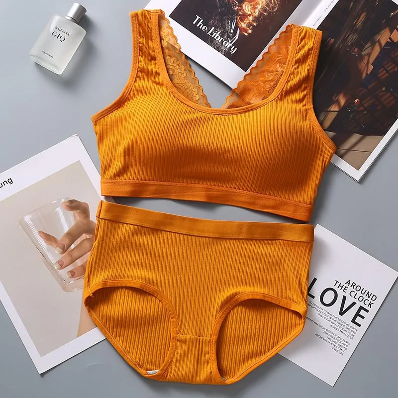 Billionm Large Size Bra&beiefs Set for Women Wireless Padded Underwear Suit Lace Striped Seamless Lingerie Set New