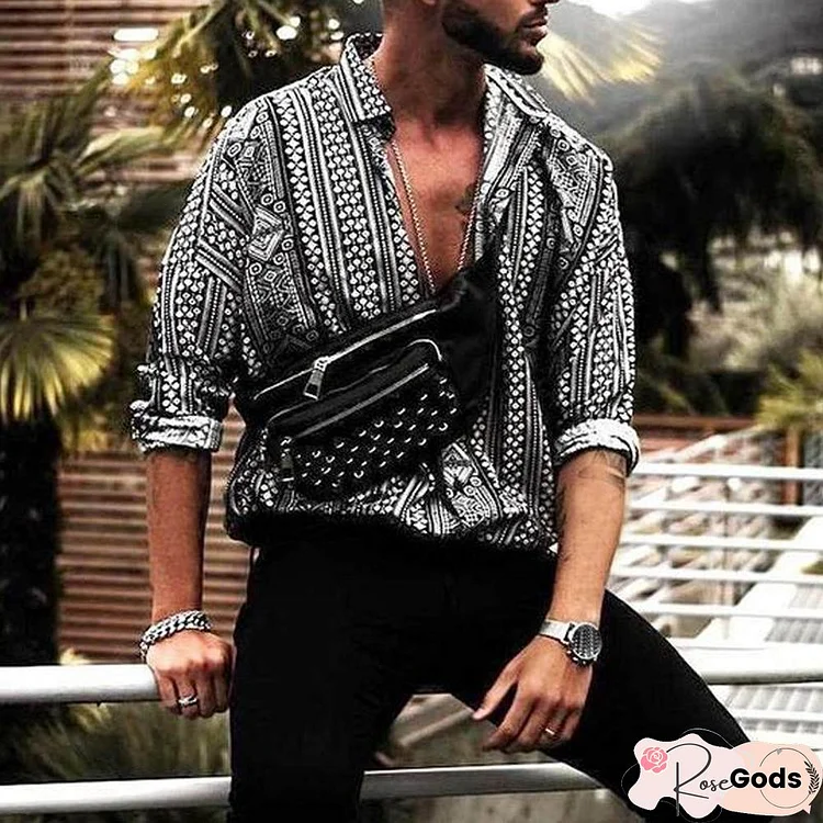 Casual Shirt Men Print Long Sleeve Ethnic Style Fashion Tropical